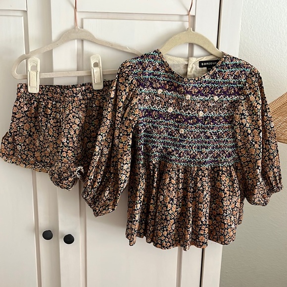 Bonjour Diaryembroidered floral smocked tunic blouse + shorts